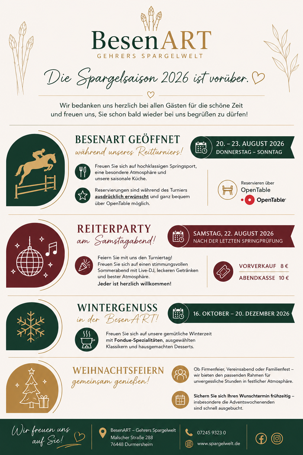 BesenART Durmersheim – Winteröffnungszeiten 2026, Reitturnier im August, Reiterparty und Weihnachtsfeiern im Restaurant Gehrers Spargelwelt